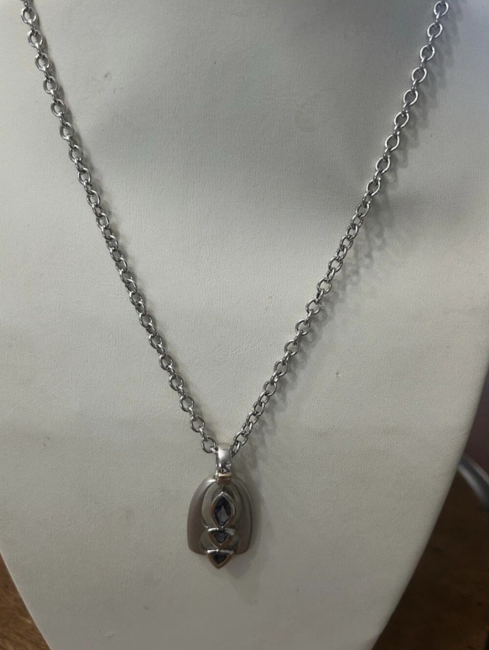 Nice Multi Gemstone SterlIng And  14k Pendant On Heaveir Rolo Sterling Chain